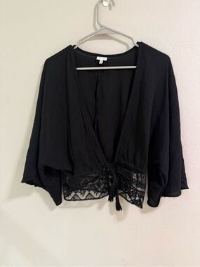 Selfie Black Sheer Lace Trim Tie Front Cropped Blouse M